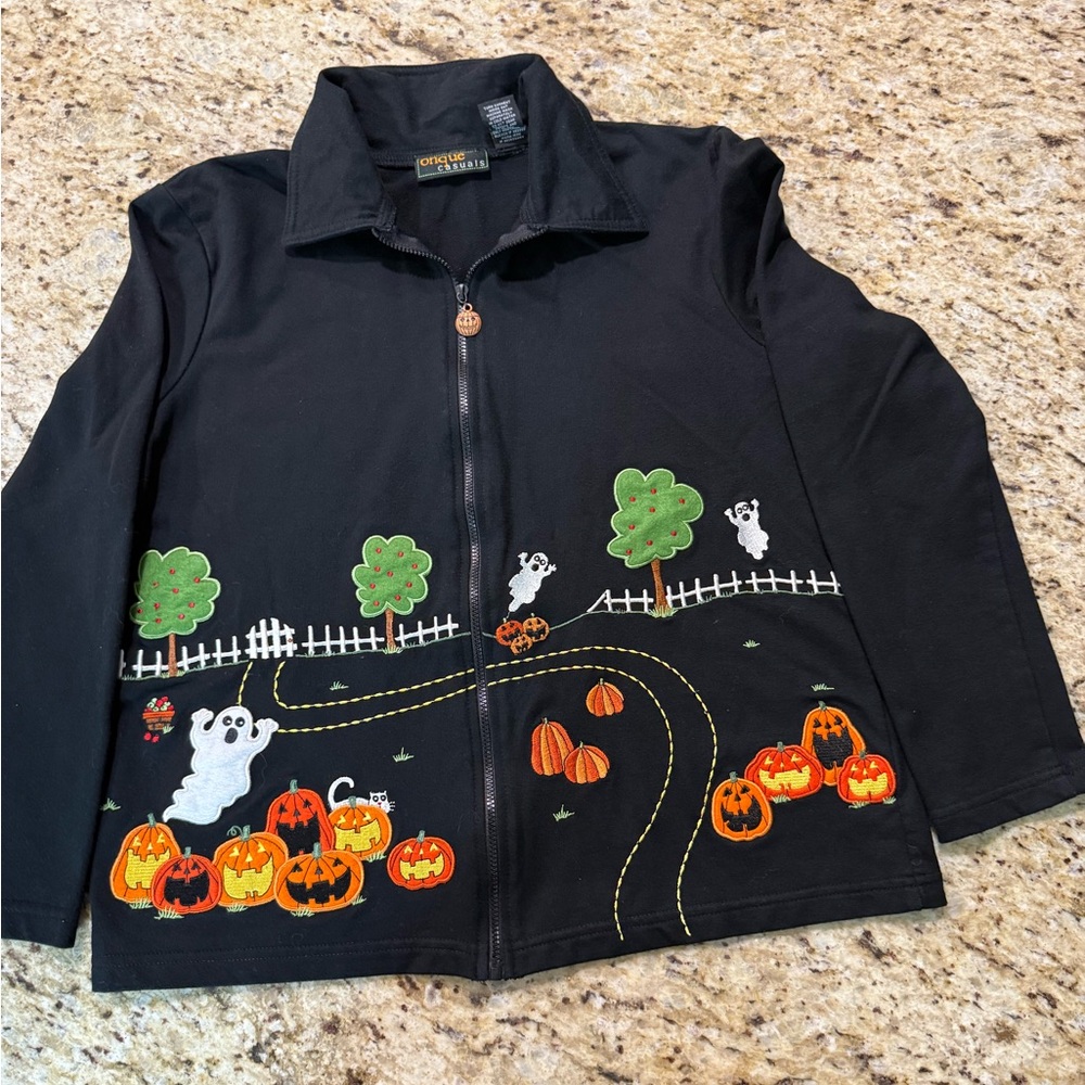 Onque Casuals Fun Halloween Full Zip Cardigan Shacket LS S Ghost & Pumpkins - Picture 4 of 15